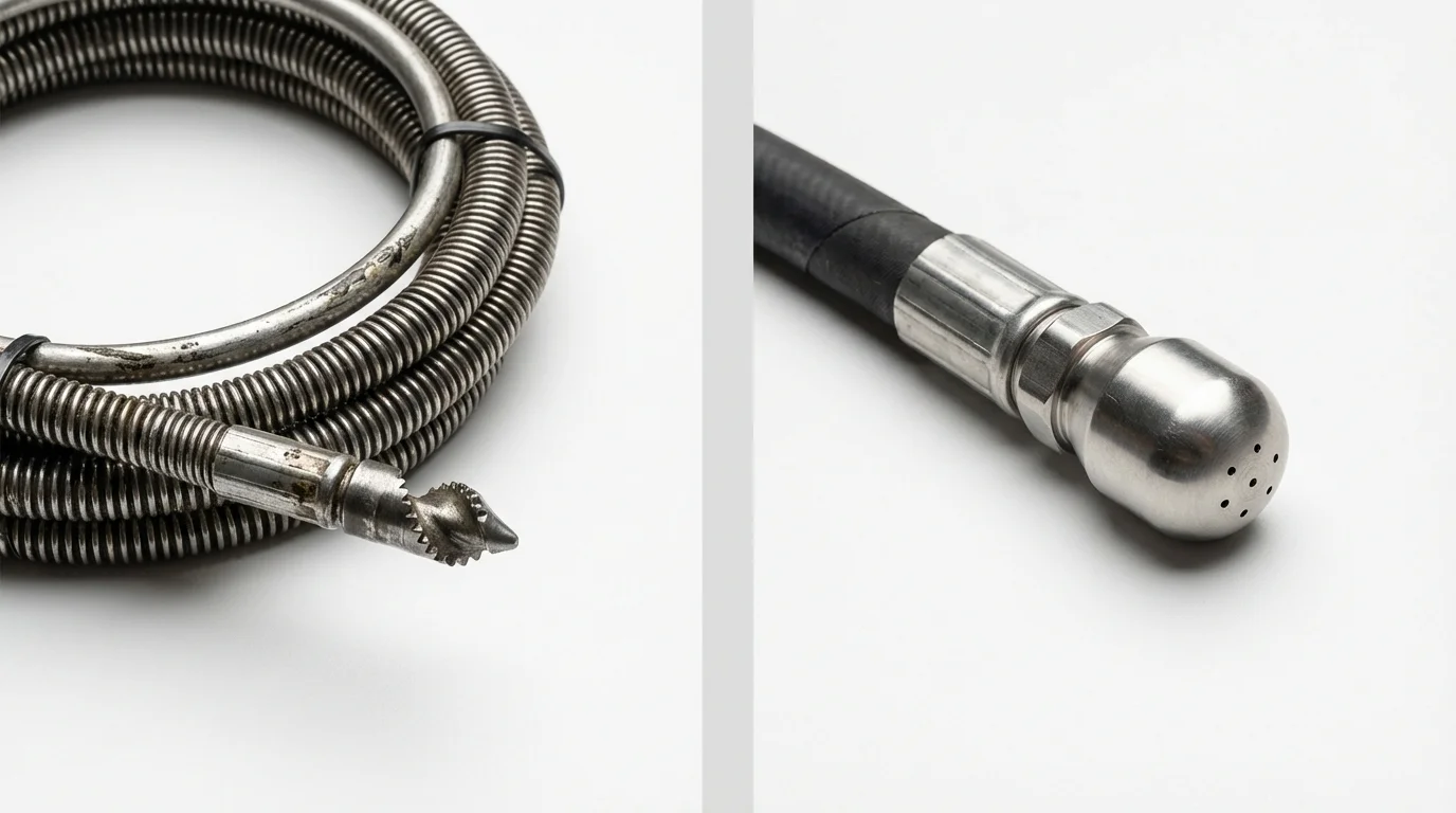 Drain snake cable and hydro jetting nozzle used for drain cleaning in Elizabethtown, NC