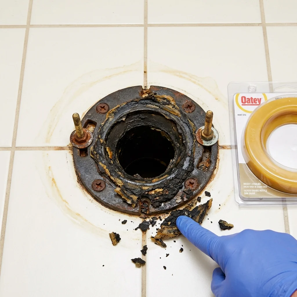 Failed wax ring showing water seepage at the base of a toilet in a Elizabethtown, NC home