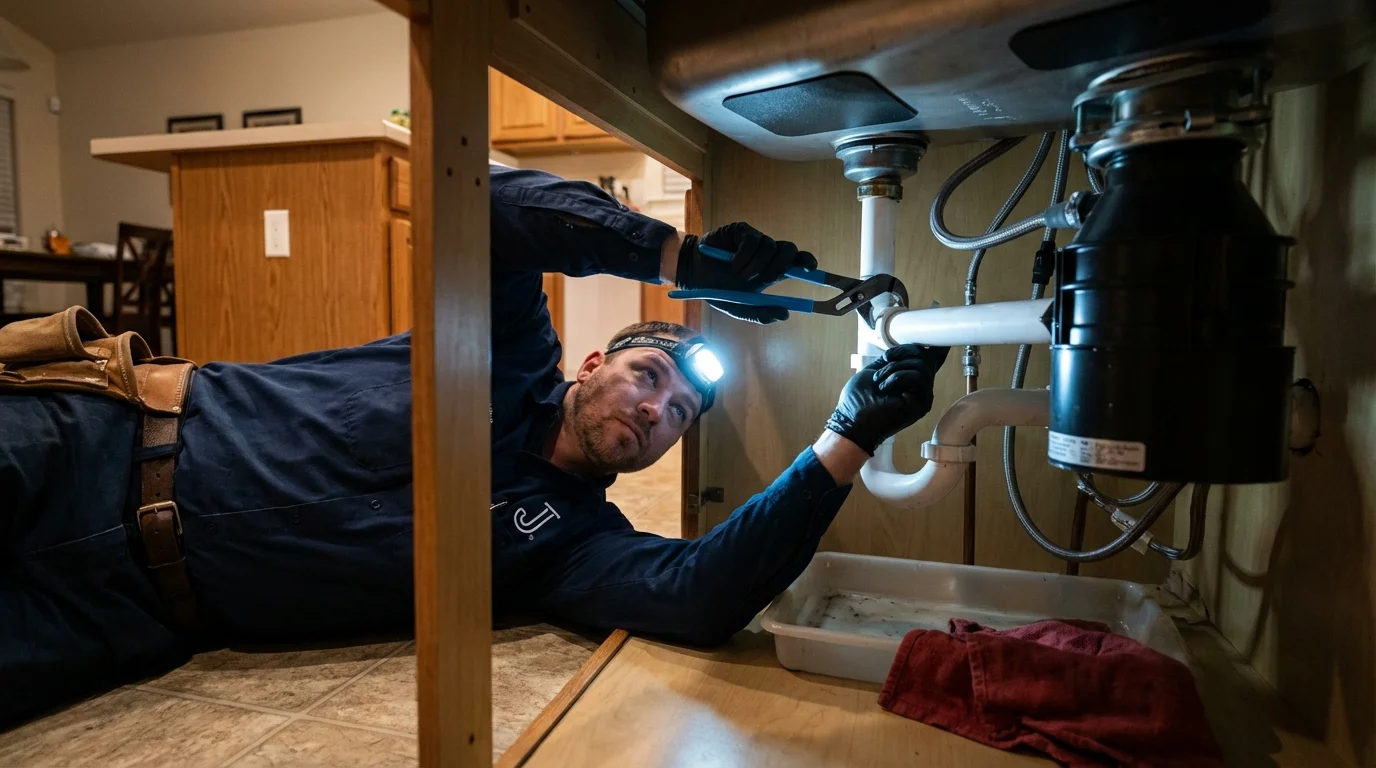 P-trap and supply line connections under a kitchen sink showing a common leak point in Elizabethtown, NC